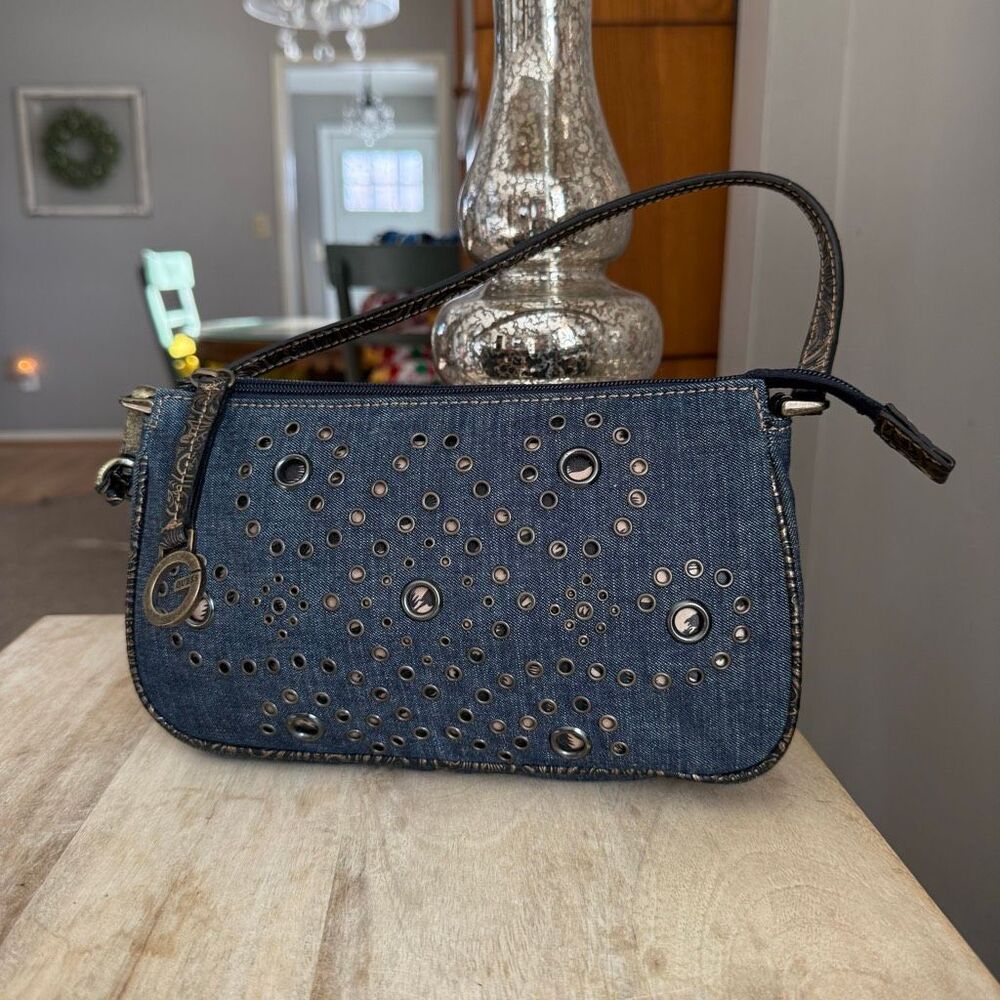 GUESS Studded Denim Mini Shoulder Bag Y2K Grommet Purse Vintage - Picture 2 of 5